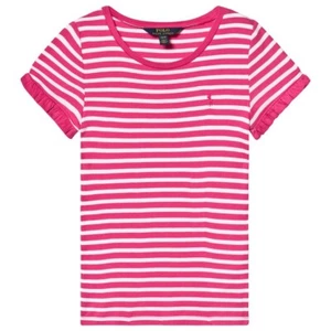 Girls Ralph Lauren Short Sleeve Ruffled Pink White Stripe T Shirt Age 16 Years - Picture 1 of 2