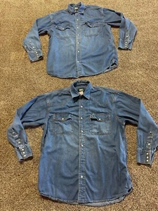 Key Denim Mens Pearl Snap Shirt Size Large Regular Blue Western FLAW LOT OF 2 * - Picture 1 of 11