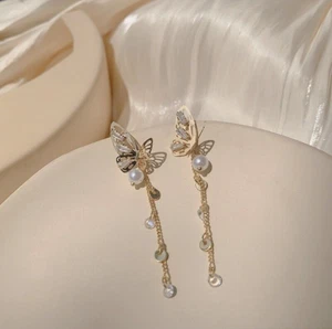 gold plated Butterfly Tassels Zirconia Stud Earrings Pearls Wedding Jewelry - Picture 1 of 4