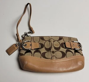 Coach signature collection brown beige leather buckle wristlet - Picture 1 of 2