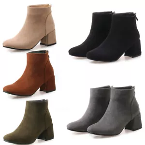 Plus Size 34-54 Womens Comfort Block Mid Heel Ankle Boots Zip Suede Shoes Boot - Picture 1 of 13