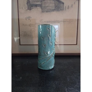 Studio Pottery Vase 9" Signed 2004 Handcrafted Textured Teal Stoneware Vintage - Picture 1 of 8