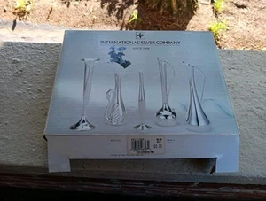 SET OF 5 INTERNATIONAL SILVER CO BUD VASE VASES SILVER GARDEN OF EDEN IN BOX - Picture 1 of 4
