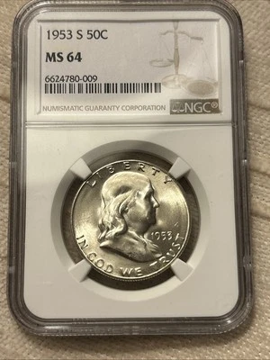 1953 San Francisco 50C  Franklin SILVER Half Dollar Mint State 64 Beautiful Coin - Image 1 of 4