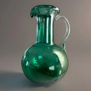 Blenko Modernist/Minimalist Handblown Glass Pitcher Green Emerald Clear Handle - Picture 1 of 7