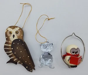 Vintage Christmas Ornaments 1 Wood Owl 1 Glass Owl 1 Hallmark Resin Owl Set of 3 - Picture 1 of 19