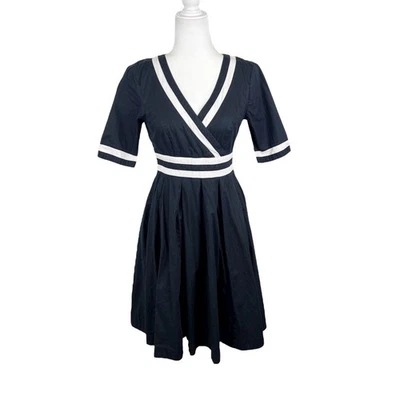 Vestido eShakti Mujer 2 Negro Blanco Borde Cuello en V Manga Corta Hasta la Rodilla Informal Foto 1 de 4