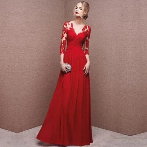 Dress Women V Neck Lace Fashion High Waist Long Sleeves Full Length Dress Party - Picture 1 of 12