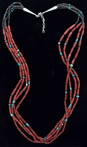 Collar Heishi y cuentas de coral tubulares mediterráneas naturales de alta calidad de 4 hebras - Imagen 1 de 4