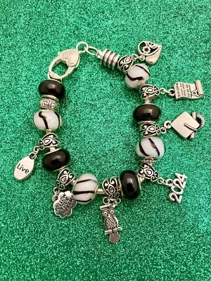 7.5” 2024 Year Graduate Euro Pandora Type Charm Bracelet Black Silver Bead Gift - Image 1 of 4