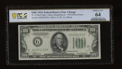 DBR 1934 $100 DGS FRN Chicago Fr. 2152-Gdgs PCGS-B 64 Serial G04392193A - Image 1 of 2