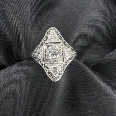 14K WHITE GOLD VINTAGE FILIGREE 1/2CTW OLD MINE CUT DIAMOND RING (AD1002830) - Image 1 of 4