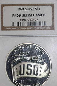 1991-S US Mint USO Commemorative 90% Silver Dollar NGC PF 69 UC (1792366-172) - Picture 1 of 3