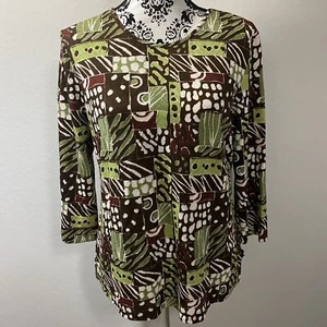 Women’s Top Size M PETITE 3/4 Sleeve Stretch Green Brown Koret - Picture 1 of 5