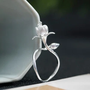 I04 Anello Fiore Fiore Ramo con Bocciolo Argento Sterling 925 Regolabile - Foto 1 di 7