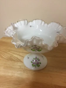 Fenton Silver Crest Ruffled White Compote Purple Violets Flowers Frances Burton - Picture 1 of 12