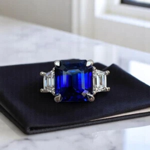 14K White Gold Diamond Ring Lab Grown Emerald Cut 4.20 Carat Blue Sapphire 5 6 7 - Picture 1 of 12