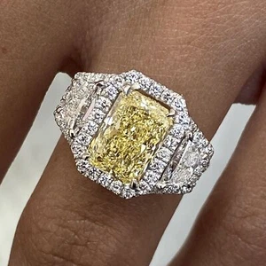 14k Yellow Gold Engagement Ring Radiant Fancy Intense Lab Created Diamond 4.23Ct - Picture 1 of 11