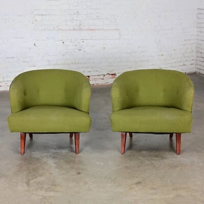 Art Deco to MCM Green Bucket or Barrel Style Accent or Lounge Chairs a Pair - Image 1 of 4