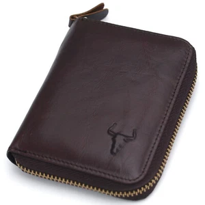 Men's Zip Around Leather Wallets Coin Purse Credit Card Wallet - Picture 1 of 9