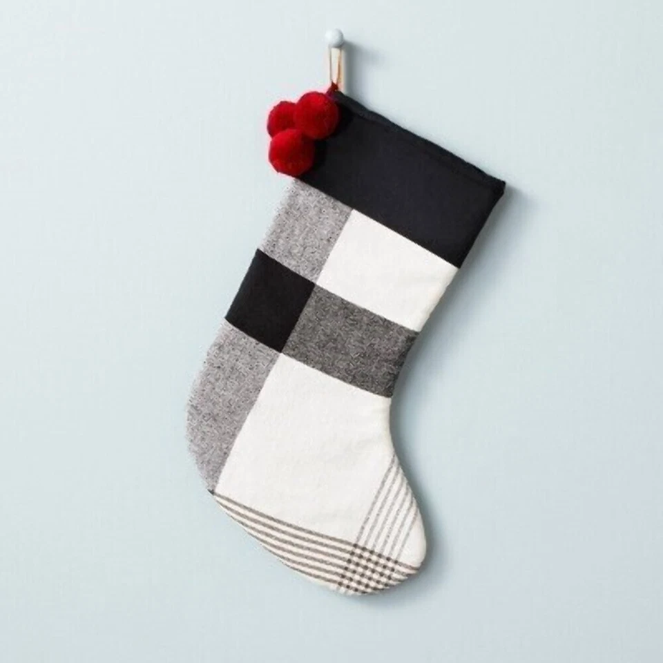 Hearth & Hand Block Plaid Poms Stocking - Black/White - Image 1 of 1