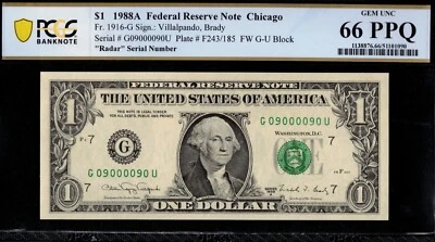 1988A $1 FRN G09000090U P.C.G.S #66PPQ - Image 1 of 3