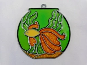 FISH BOWL Suncatcher 4" Acrylic Metal Green Orange Glitter - Picture 1 of 3