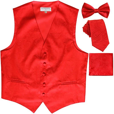 New Men's Paisley Tuxedo Vest Waistcoat _2.5" necktie & Bow tie & Hankie Red - Image 1 of 4