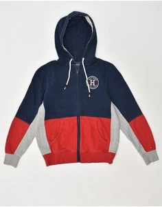 TOMMY HILFIGER Mens Zip Hoodie Sweater XS Navy Blue Colourblock Cotton AO95 - Picture 1 of 4