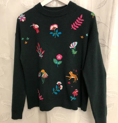 Suéter bordado de lã alpaca BODEN tamanho 6 verde floresta ajuste relaxado - Imagem 1 de 4