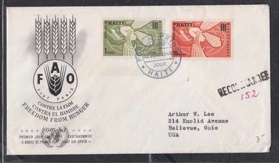 HAITI 1963 REGISTERED FIRST DAY COVER FREEDOM FROM HUNGER + CACHET - Image 1 of 2