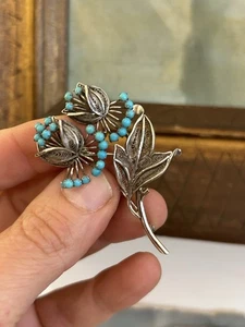 Broche antiguo turquesa pavé oro 14k 14ct - Imagen 1 de 5