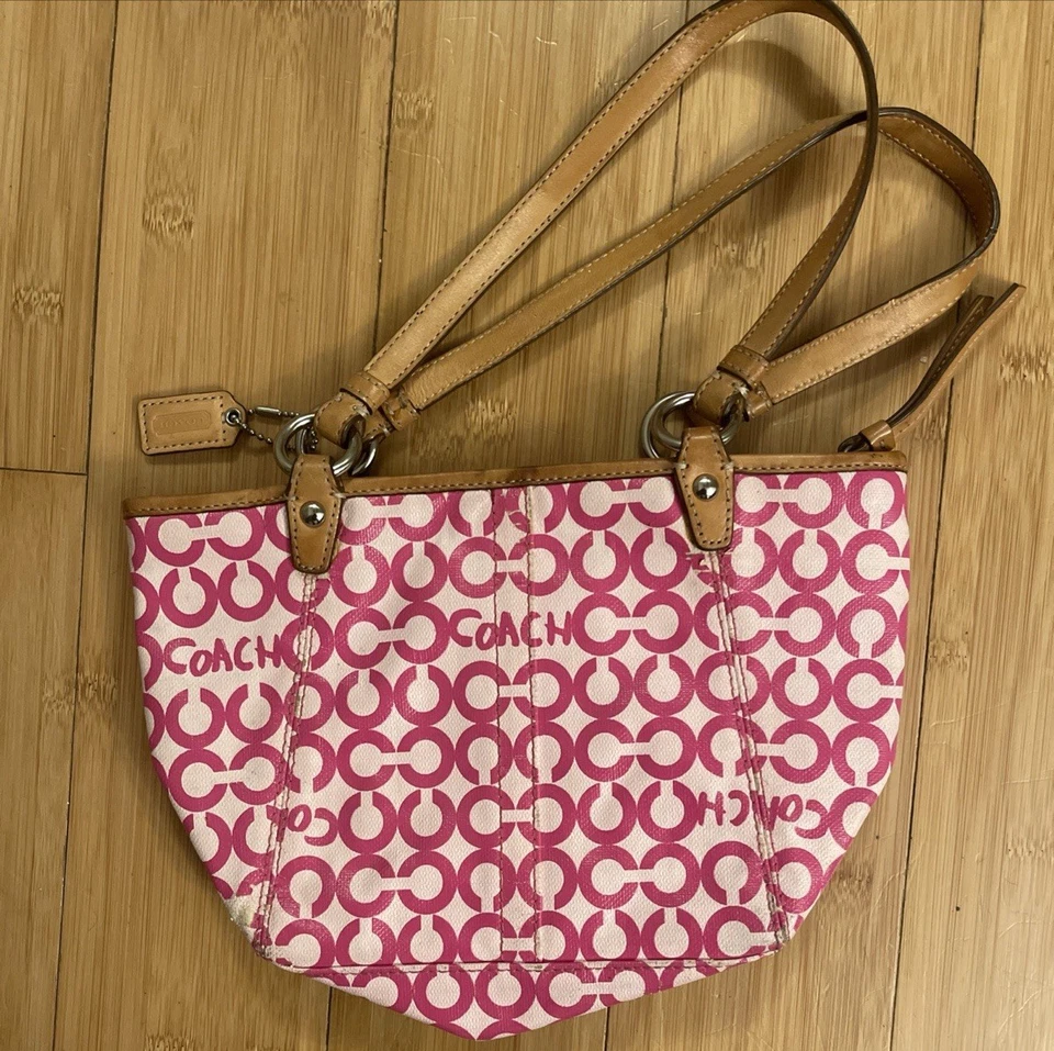 Coach Leah OP Art Coated Canvas Mini Hobo Tote Handbag Purse 42419 Pink - Image 1 of 3