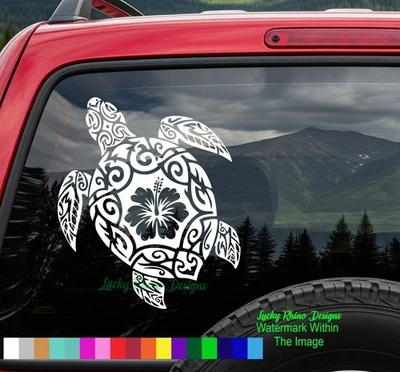LUCKY RHINO DESIGNS Tribal Sea Turtle Hibiscus Decal - Hawaiian Car Truck SUV Vinyl Sticker