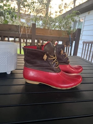  Bota de pato de cuero de 3 ~ ojos Sperry para mujer tacón bajo plano roja talla 10 Foto 1 de 4