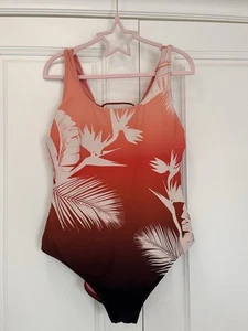 M&S Peach Orange Coral Tie Back Palm Print Swimsuit Size 18 🤩 - Picture 1 of 8