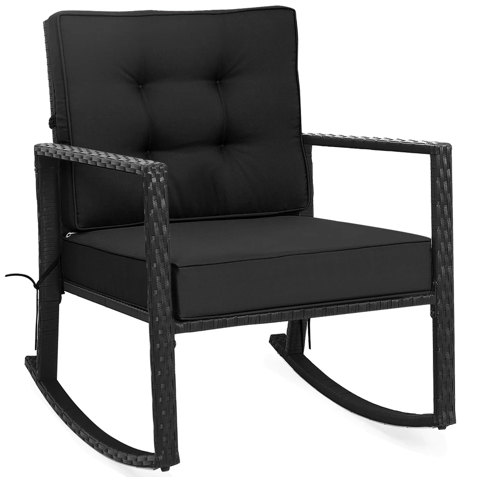 Patio Rattan Rocker Chair Outdoor Glider Rocking Chair Cushion Lawn Black Foto 1 de 4