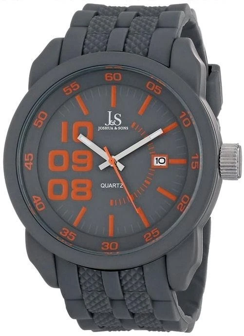 Joshua & Sons JS63GY Men's Swiss Grey Silicone Orange Accent Watch 46mm Date