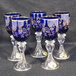 5 Bicchieri Cordial Boemia Sherry Blu Cobalto Inciso Oro Floreale e Cerchi 4,5" Alto - Foto 1 di 16