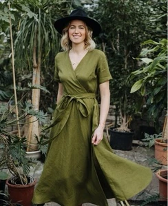 Mantaikotai 100% Linen Lisbon Wrap Dress SS V-Neck Maxi Length Green NWT - Picture 1 of 10