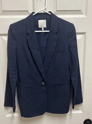 Joie Women’s Size 6 Navy Blue Linen Blazer Jacket Coat Anthropologie Chambray - Image 1 of 4
