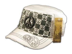 Peace Sign on Checkerboard on White Army Cadet Hat Military Cap - Picture 1 of 4