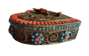 Kathmandu Nepal Vishnu Box Messing Türkis Koralle Glas filigran vergoldet Herz - Bild 1 von 10