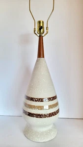 Vtg Mid Century Modern Tetured Multi Striped Ceramic & Wood Table Lamp - Picture 1 of 5