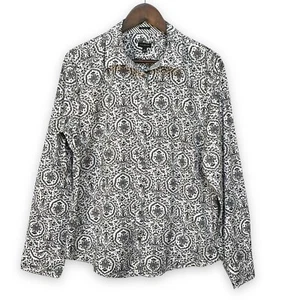 Talbots Wrinkle Resistant Button-Up Shirt Size 16 White Black Print Curved Hem - Picture 1 of 13