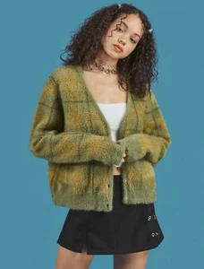 Plaid Fuzzy Button Up Cardigan Hippie Mohair Checkered V-Neck Pocket Knitted Top - Picture 1 of 14