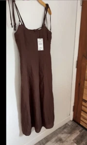 NEW ZARA BROWN LINEN BLEND STRAPPY LONG DRESS A-LINE SLEEVELESS SIZE S Y215B - Picture 1 of 10