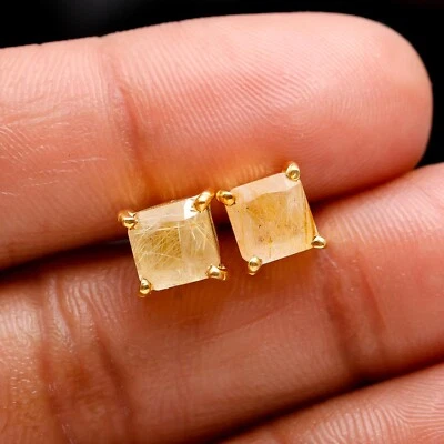 Natural Golden Rutile Quartz Octagon Studs 925 Sterling Silver Gold Fill Jewelry - Image 1 of 4