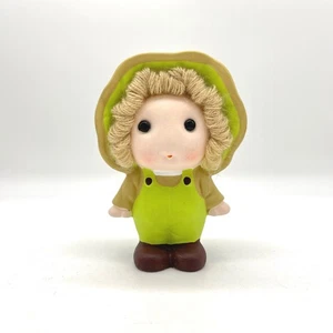 Vintage Chalkware Piggy Bank Child Girl Green Overalls Bonnet Flower Hair - Picture 1 of 8