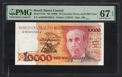 Brasil 10 Cruzados Novos en 10000 Cruz. Top Pop ND (1989) P218a UNC Grado 67 Foto 1 de 2